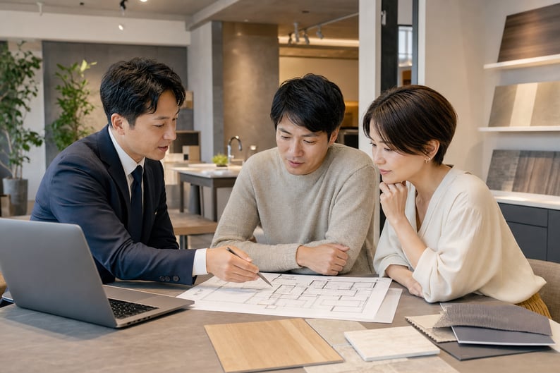 Japanese Couple Discussing Renovation Costs in Modern Showroom