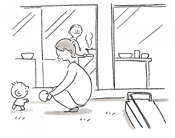 庭で子供と遊ぶ父親のイラスト