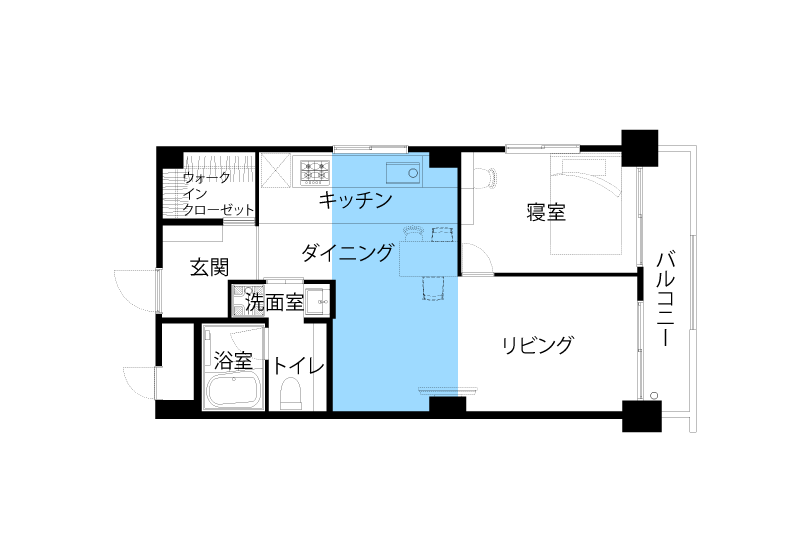 リノベーション後の間取り（キッチンダイニング＋リビング）