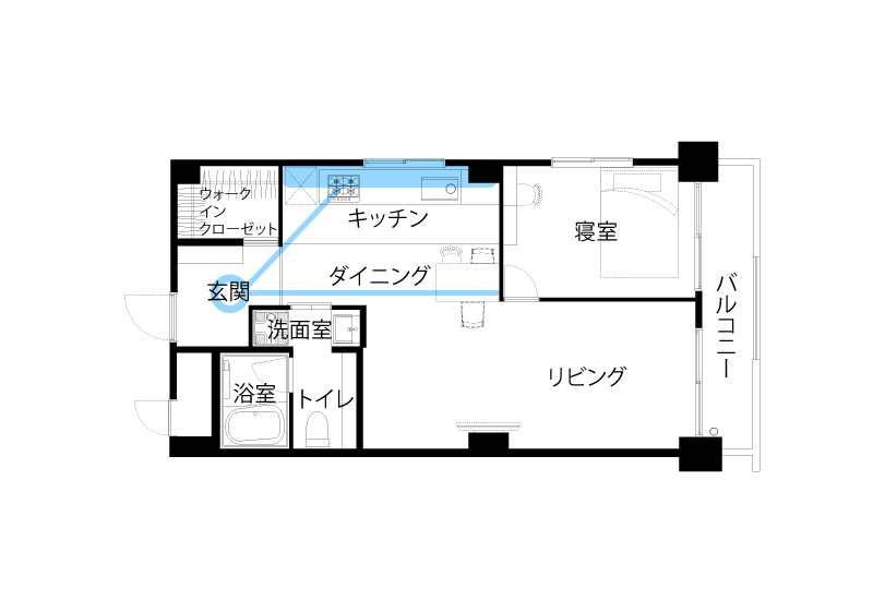 リノベーション後の間取り（玄関からキッチンを見た時の目線）