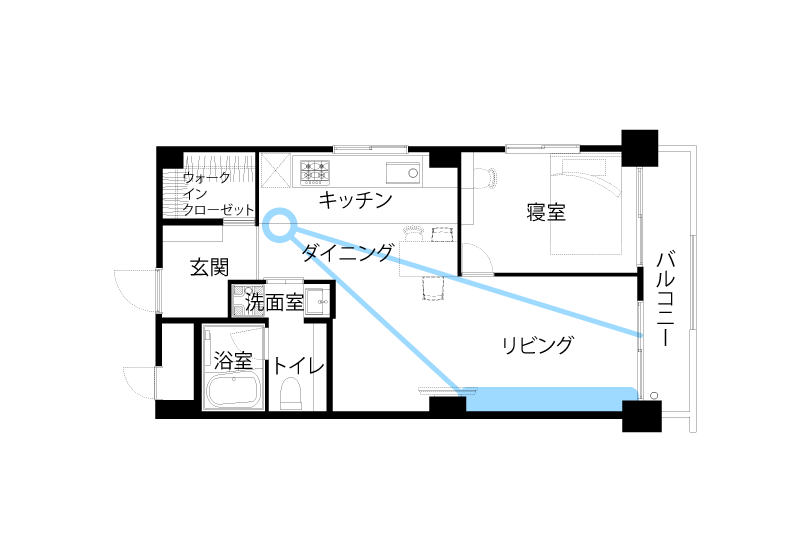 リノベーション後の間取り（キッチンからリビングを見た時の目線）